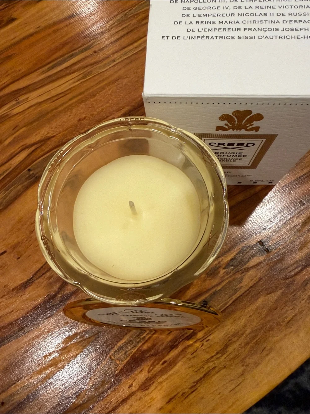 Creed Silver Mountain Water Candle with Signature Gold Trim and Emblem